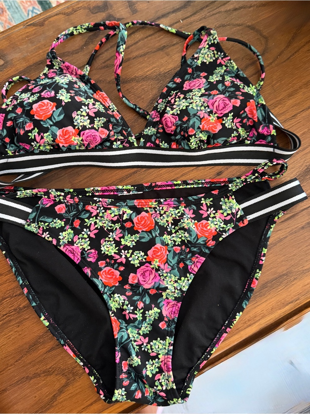 Black Floral Two-Piece Bikini Set with Striped Band